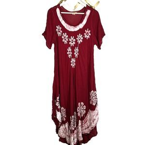 CW Classics Dress Size 1x Red Floral Embroidered Rayon India Boho Asymmetric Hem